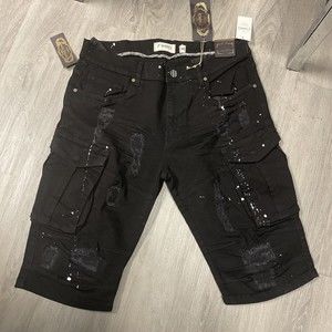 FWRD DENIM BLACK WHITE SPLATTER STRETCH DENIM SLIM FIT SHORTS SIZE 34 NEW